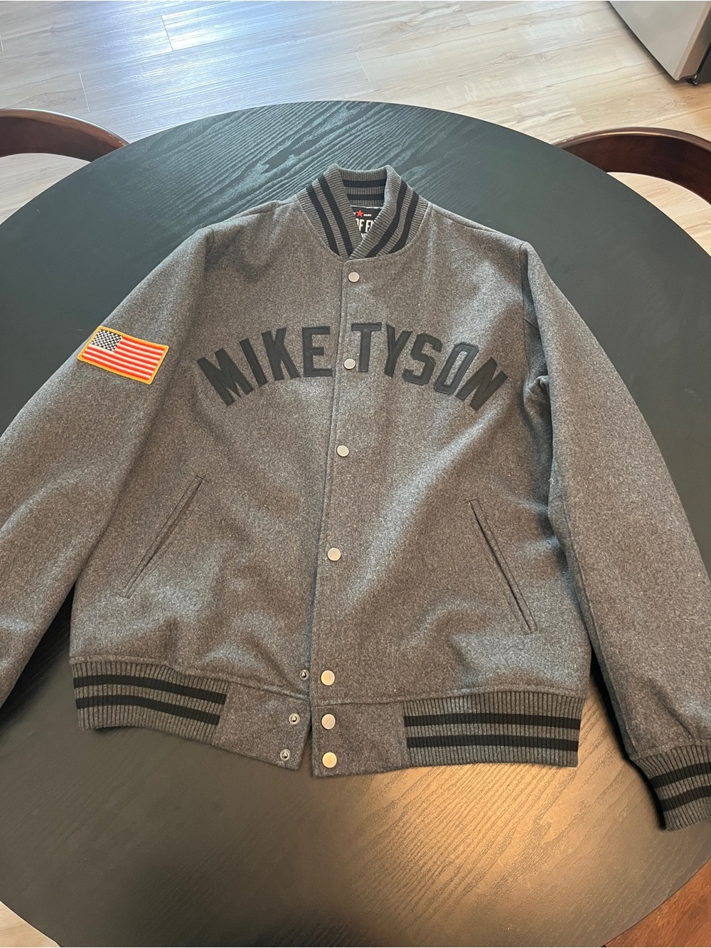 Roots Gray Mike Tyson Wool-Blend Bomber Jacket with Flag Patch